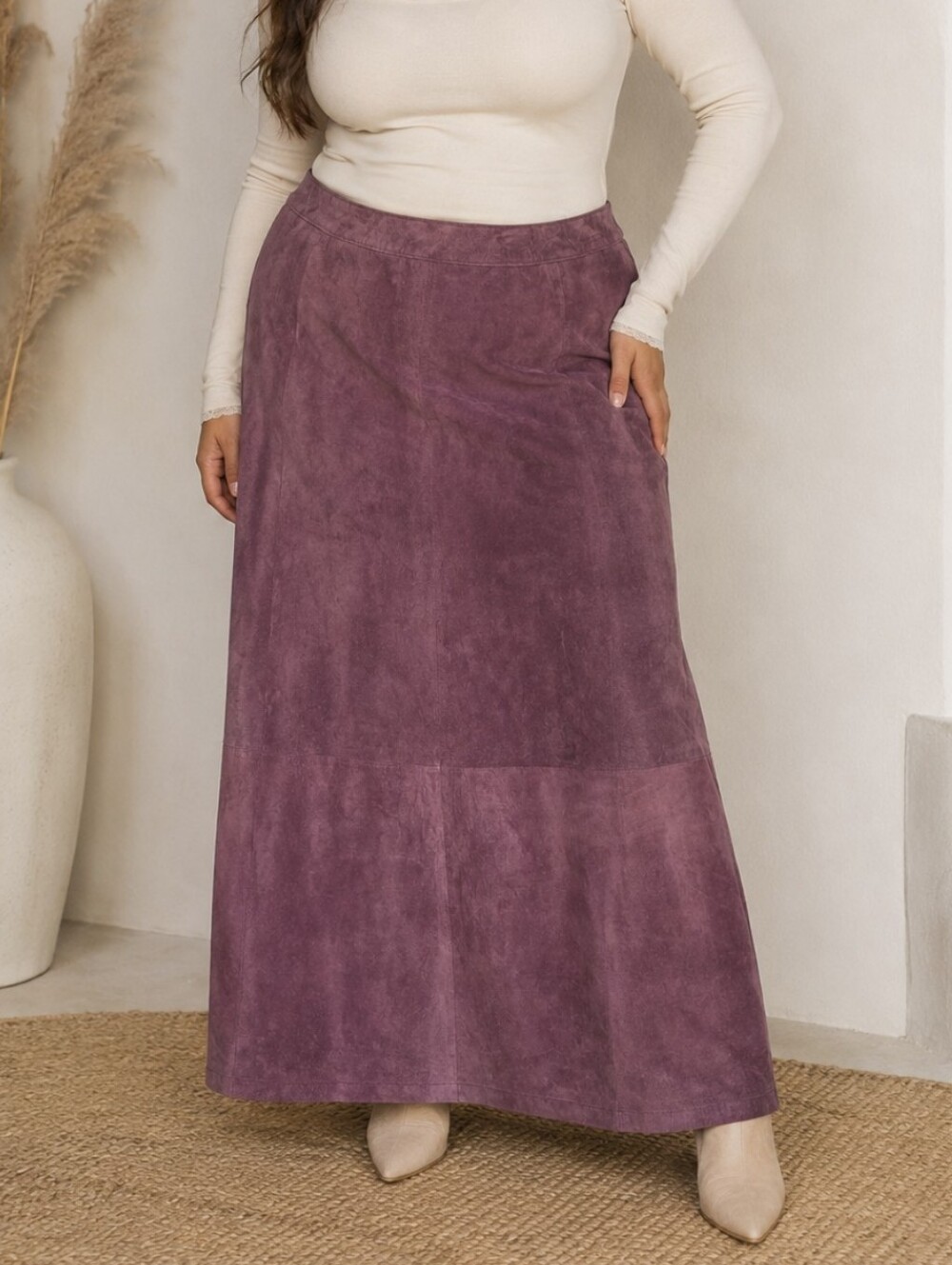 Vintage Jessica Holbrook Suede Maxi Skirt Plum Mauve Washable Leather Sz 24 NEW